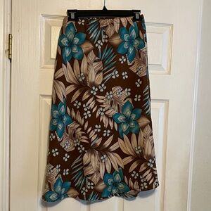 Vintage 90’s Y2K Tropical Cotton Floral Midi Skirt in Brown & turquoise blue S